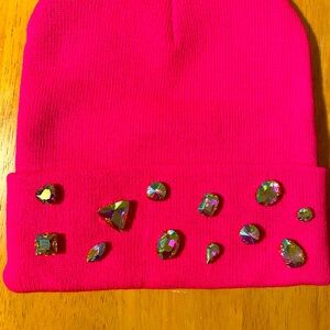 Rhinestone jeweled hot pink beanie with hand sewn aureoboralis rhinestones